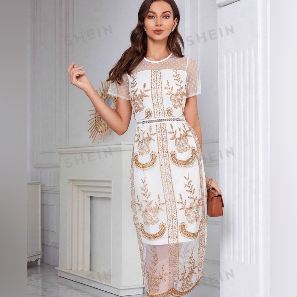 Floral Embroidery Mesh Overlay Dress